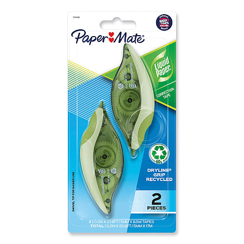 Paper Mate DryLine Grip Correction Tape, Recycled Dispenser, Green/White Applicator, 0.2" x 335", 2/Pack (1744480)