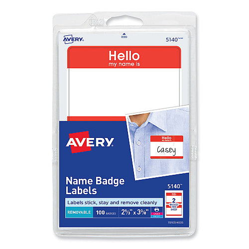 Avery Printable Self-Adhesive Name Badges, 2 1/3 x 3 3/8, Red "Hello", 100/Pack (AVE5140)