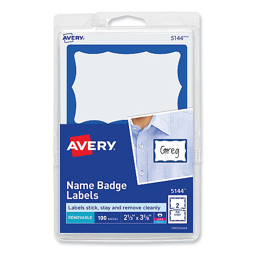 Avery Printable Adhesive Name Badges, 3.38 x 2.33, Blue Border, 100/Pack (AVE5144)