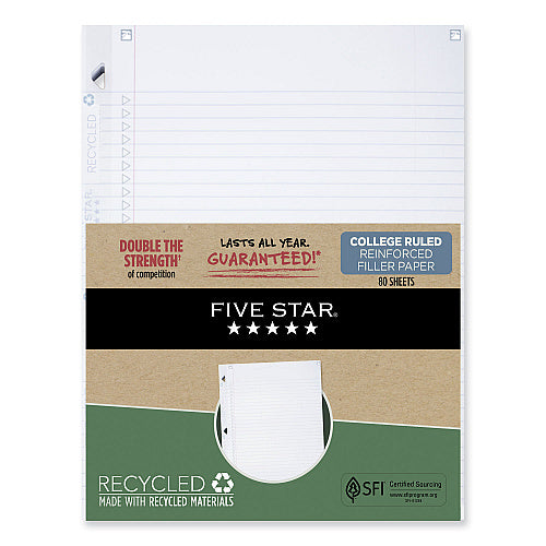 Five Star Reinforced Filler Paper Plus Study App, 3-Hole, 8.5 x 11, College Rule, 80/Pack (MEA170023)