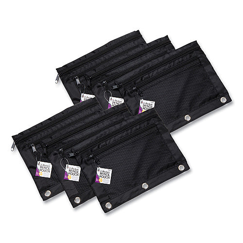 Charles Leonard Two-Pocket Binder-Insertable Pencil Pouch with Mesh Front, 11 x 9, Black, 6/Pack (76356)