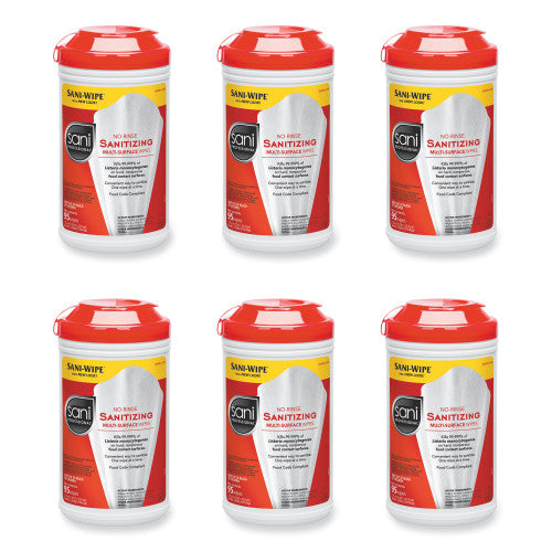 No-Rinse Sanitizing Multi-Surface Wipes, Unscented, White, 95/Container, 6/Carton (P56784)