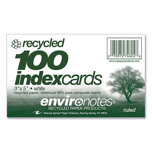 Roaring Spring Environotes Recycled Index Cards, Narrow Rule, 3 x 5 White, 100 Cards,  (ROA74824)