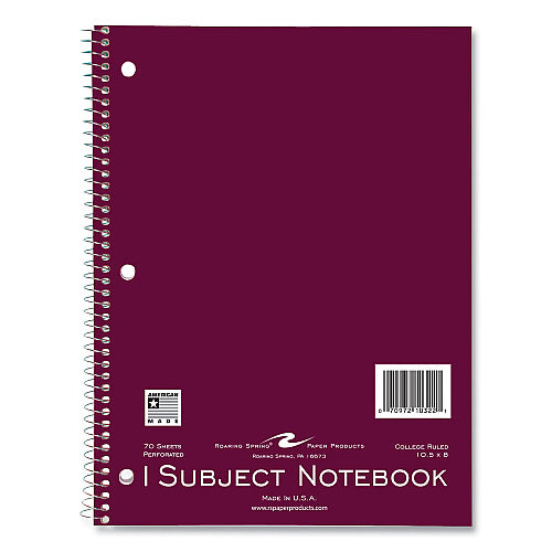 Roaring Spring Subject Wirebound Notebook, 1-Subject, Medium/College Rule, Assorted Cover, (70) 10.5 x 8 Sheets, (10322)