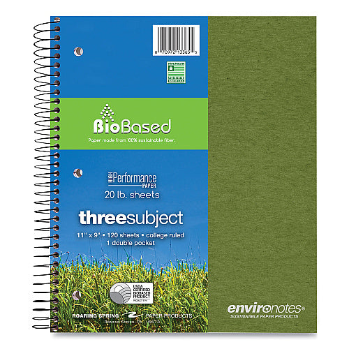 Roaring Spring Earthtones BioBased 3 Subject Notebook, Medium/College Rule, Randomly Assorted Covers, (120) 11 x 9 Sheets (ROA13365EA)