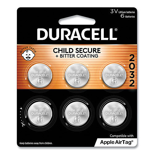 Duracell Lithium Coin Batteries With Bitterant, 2032, 6/Pack (DURDL2032B6PK)
