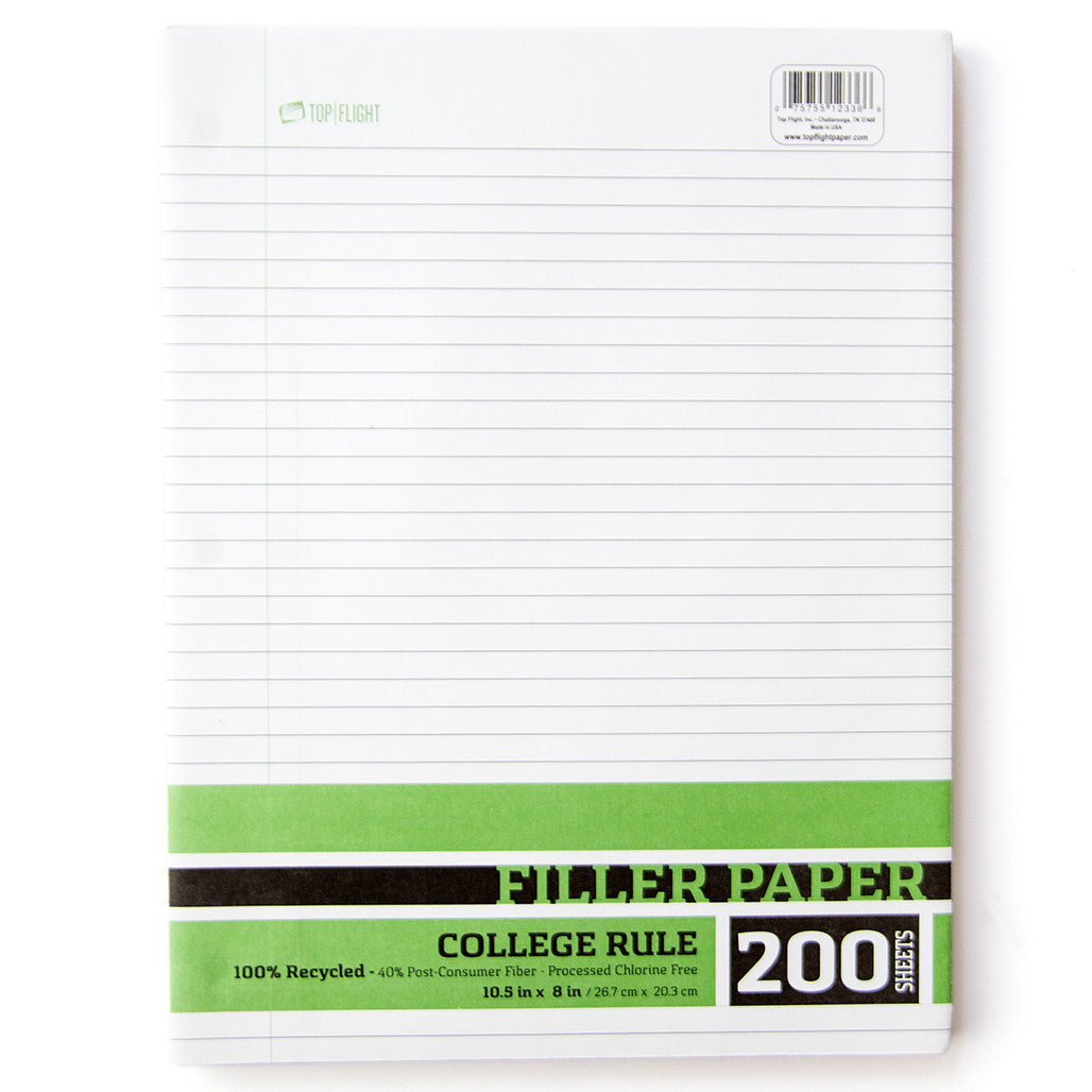 Recycled Filler Paper, College Ruled, 30% Post-Consumer Waste pages, 3 Hole Punched, 10.5" x 8", 200 sheets (SPRS9912336000)