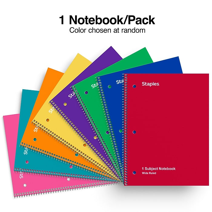 Staples 1-Subject Notebook, 8" x 10.5", Wide Ruled, 70 Sheets, Color chosen at random (SPRSST54893C)
