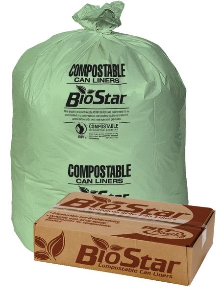 BioStar 1-Mil Compostable Can Liners, 33 Gallons, 33" X 39", Green, 10 Bags Per Roll, Case Of 10 Rolls