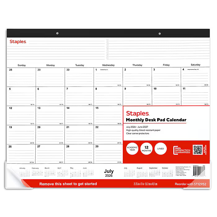 2026-2027 Staples 21.75" x 17" Academic Monthly Desk Pad Calendar, Black (ST12952-26)