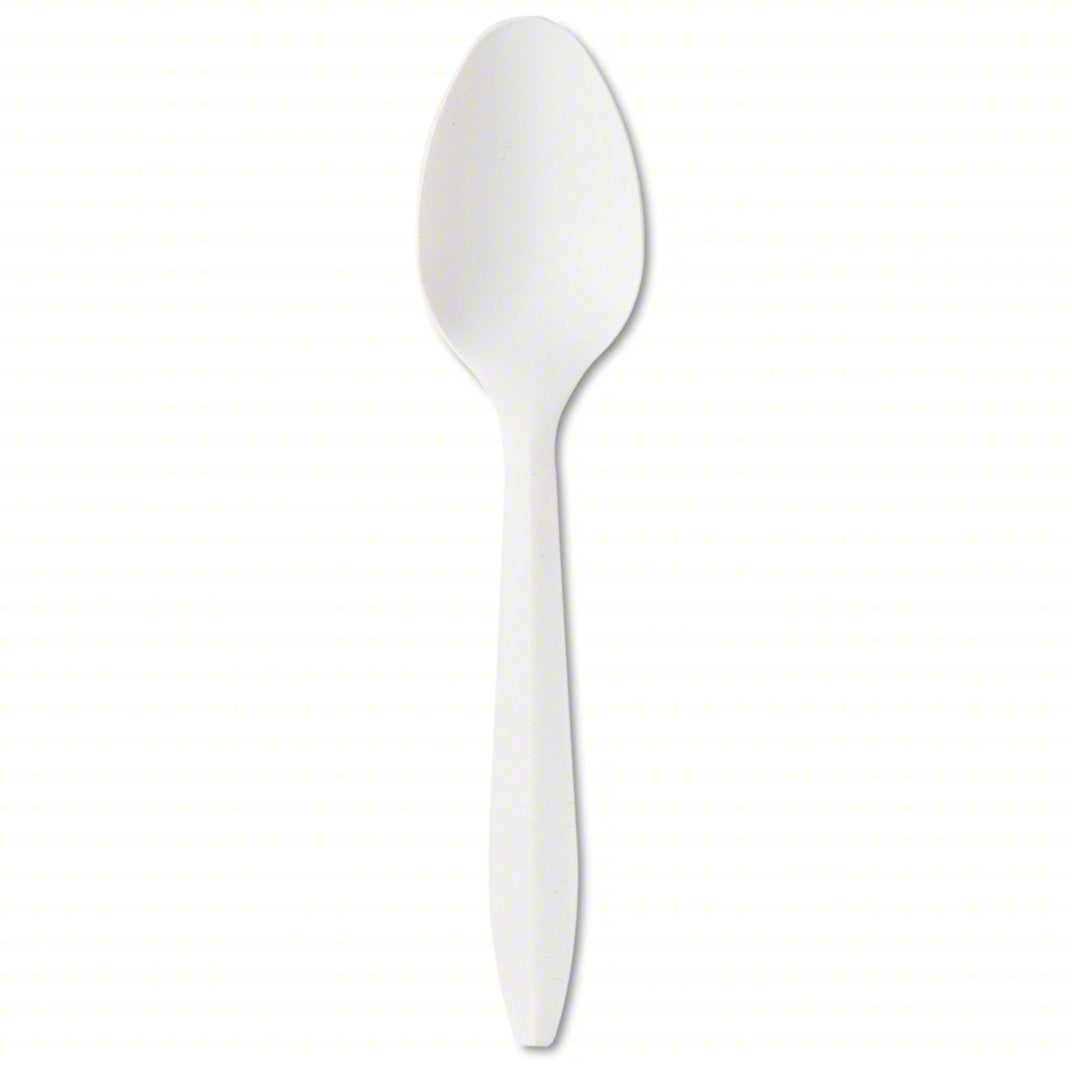 Disposable Spoon: White, Medium-Wt, Plastic, Unwrapped, 1,000 PK (V01788)