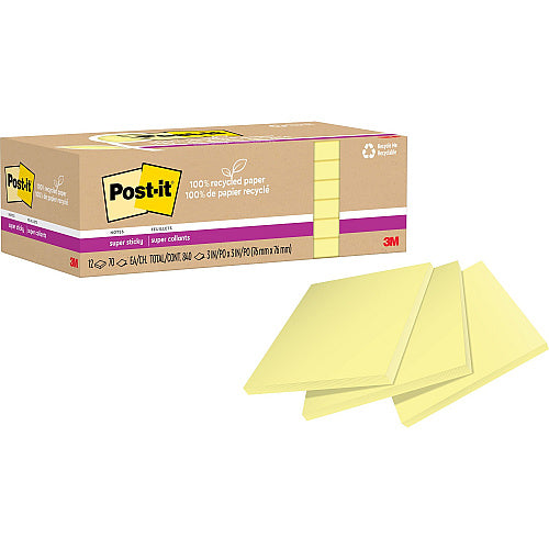 Post-it® Recycled Super Sticky Notes 70 - 3" Flag/Note Width x 3" Flag/Note Length - Square - 70 Sheets per Pad - Canary Yellow - Adhesive - Recycled - 12 / Pack (MMM654R12SSCY)
