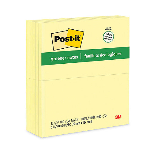 Post-it Original Recycled Note Pads, 3" x 5", Canary Yellow, 100 Sheets/Pad, 12 Pads/Pack (MMM655RPYW)