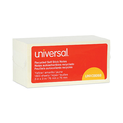Universal Recycled Self-Stick Note Pads, 3" x 3", Yellow, 100 Sheets/Pad, 18 Pads/Pack (UNV28068)