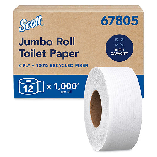 Scott Essential 100% Recycled Fiber JRT Bathroom Tissue for Business, Septic Safe, 2-Ply, White, 3.55" x 1,000 ft, 12 Rolls/Carton (KCC67805)