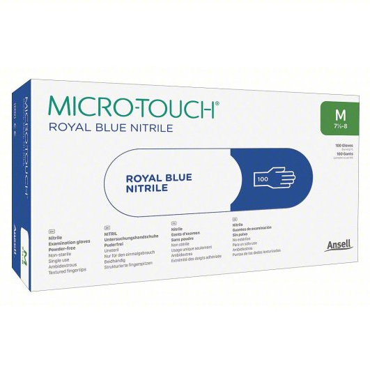 MICRO-TOUCH Disposable Gloves: M ( 8 ), 3 mil, Powder-Free, Nitrile, Grain, Fingertips, 1.5 AQL