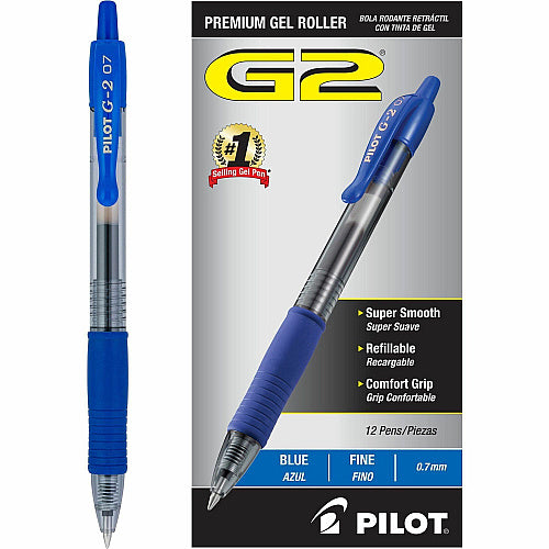 Pilot G2 Premium Gel Pen, Retractable, Fine 0.7 mm, Blue Ink, Smoke/Blue Barrel, 12/Pack (PIL31021)