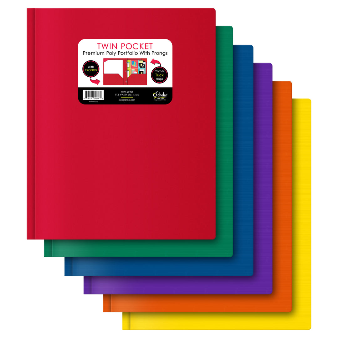 iScholar® 2-Pocket Poly Portfolio With Prongs, 11.5″ x 9.5″, Assorted Standard Colors (ROA30401)
