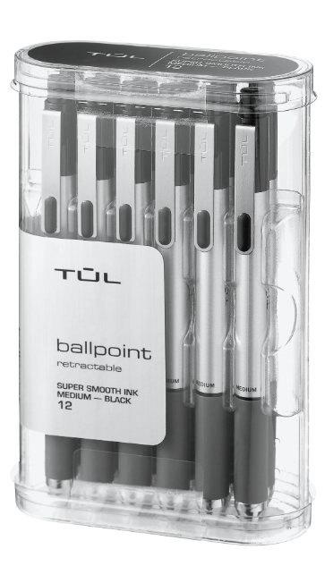 TUL® BP Series Retractable Ballpoint Pens, Medium Point, 1.0 mm, Silver Barrel, Black Ink, Pack Of 12 Pens