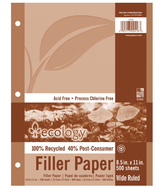 3/8" Ruled Recycled Filler Paper, 8.5" x 11", White, 500 Sheets (PAC2416)