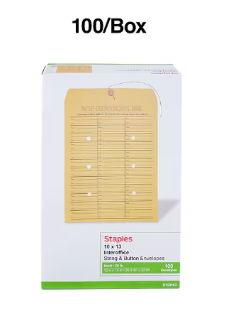 Staples Button & String Inter-Departmental Kraft Envelopes, 10" x 13", Brown Kraft, 100/Box (50163-CC)