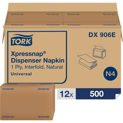 Tork Xpressnap Interfold Dispenser Napkins, 2-Ply, Bag-Pack, 13 x 8.5, Natural, 500/Pack, 12 Packs/Carton (DX906E)