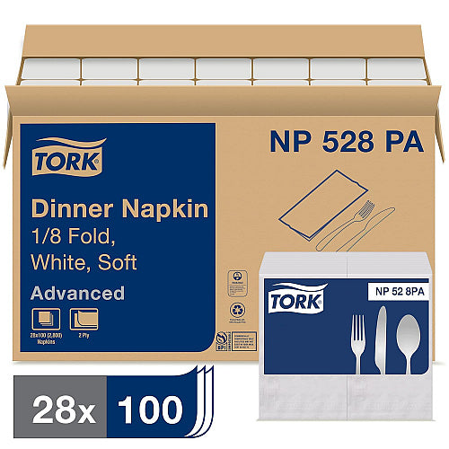 Tork® Advanced Dinner Napkins, 2-Ply, White, 100 Napkin Pack, 28 Packs (TRKNP528PA)